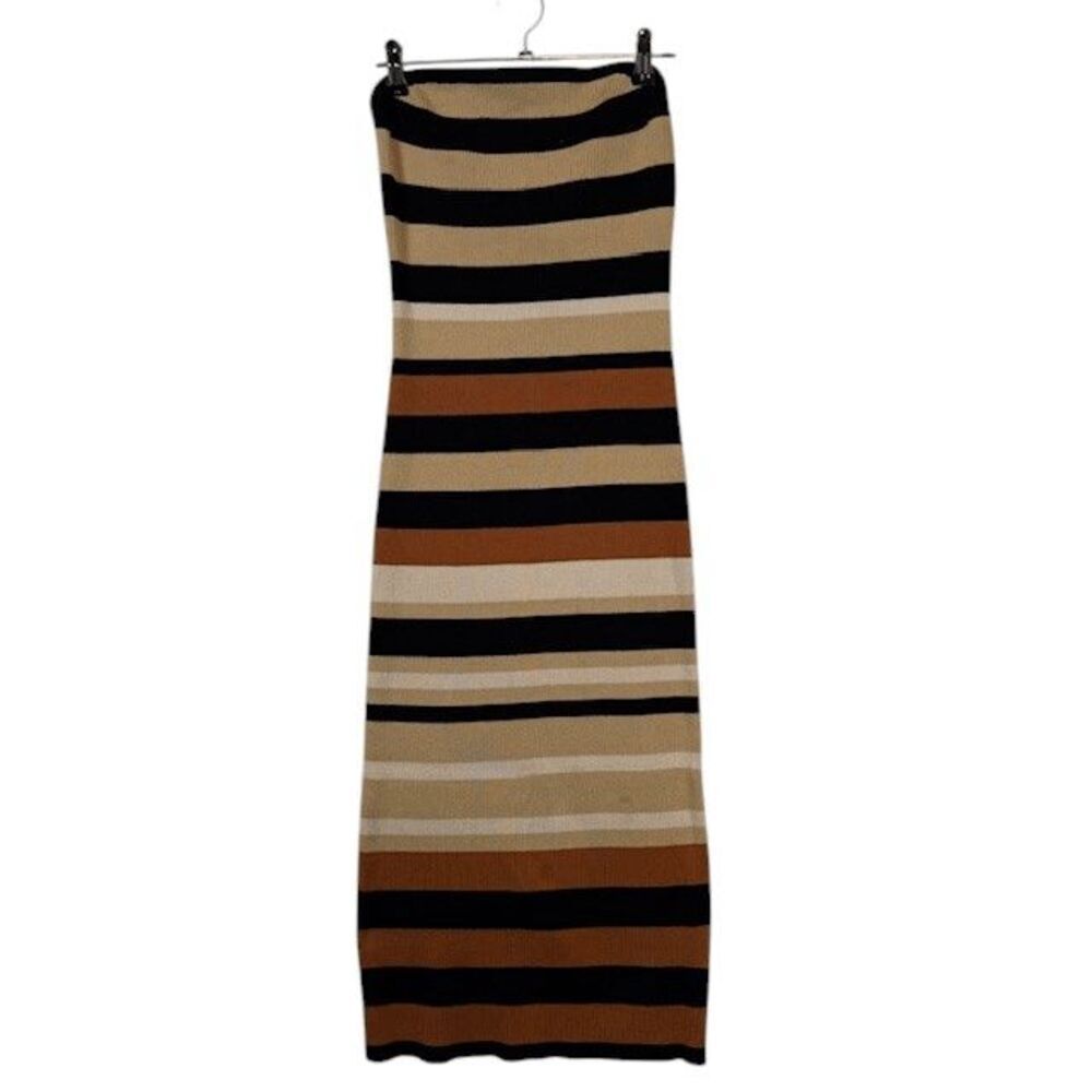 House of Harlow 1960‎ Rib Knit Striped Dress Strapless Black Tan Rust Size Small